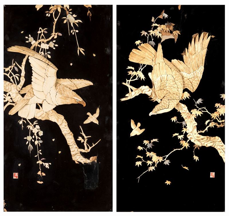Coppia di Pannelli in Legno Laccato Nero, Cina, Fine XIX/inizi XX Secolo