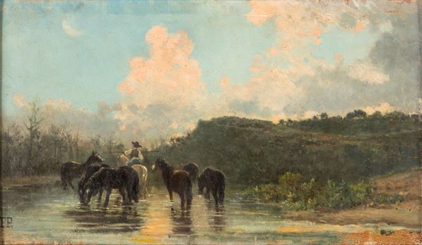 Pittore del XIX secolo - Cavalli al fiume