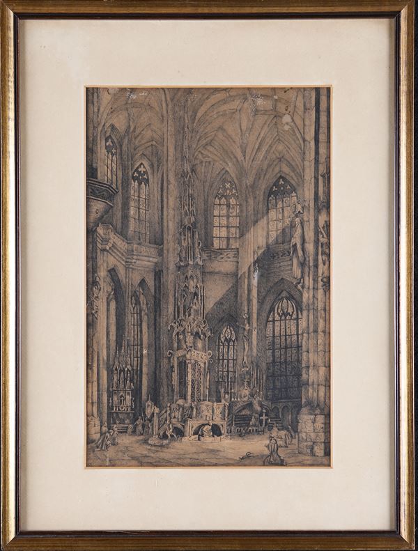 Pittore del XIX secolo - Interno di chiesa