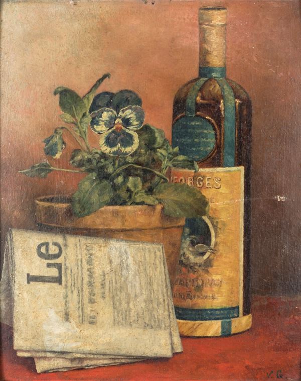 Pittore degli inizi del XX secolo - Natura morta con bottiglia, giornale e vaso di pansè