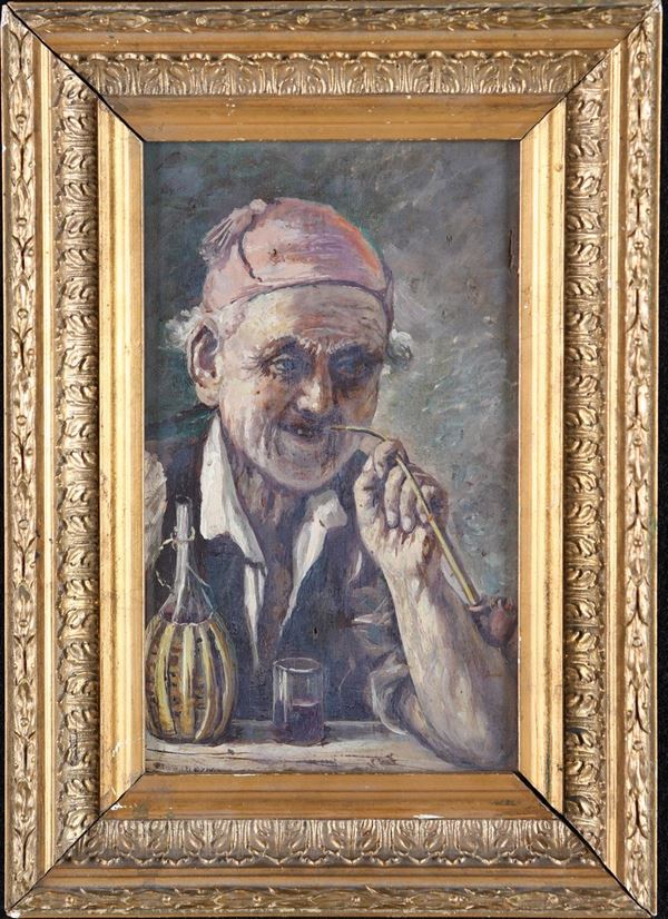 Pittore della fine del XIX secolo - Vecchio con pipa e fiasco
