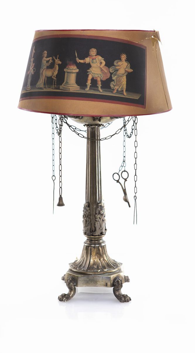 Lampada da Tavolo in Ottone con Paralume in Carta Dipinta