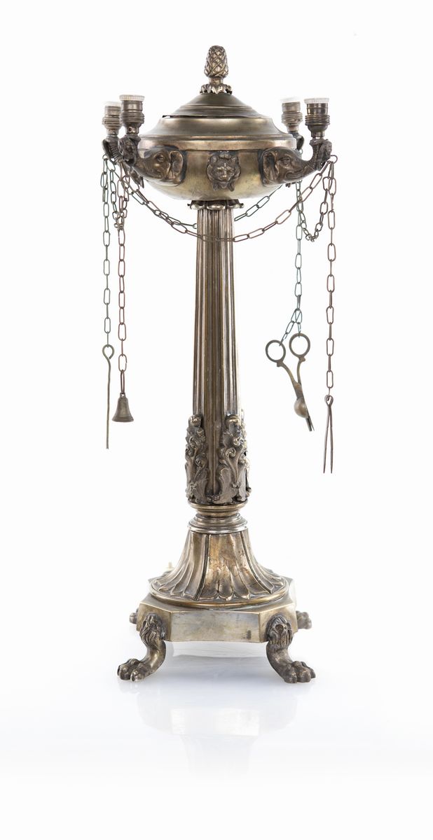Lampada da Tavolo in Ottone con Paralume in Carta Dipinta