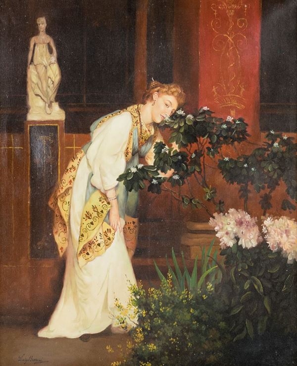 Luigi Bazzani - Interno con figura in stile pompeiano
