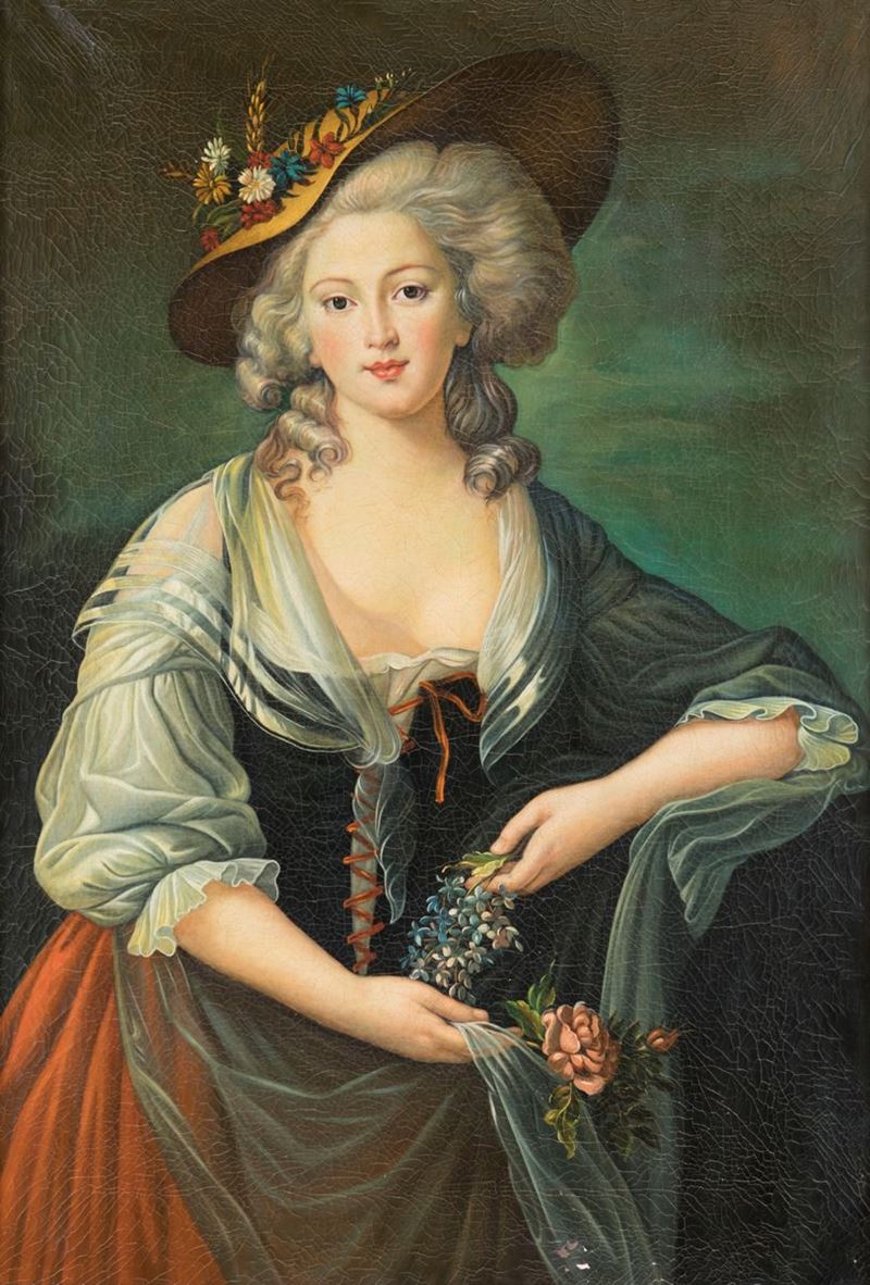 Scuola Francese del XIX Secolo - Ritratto di Gentildonna con Fiori