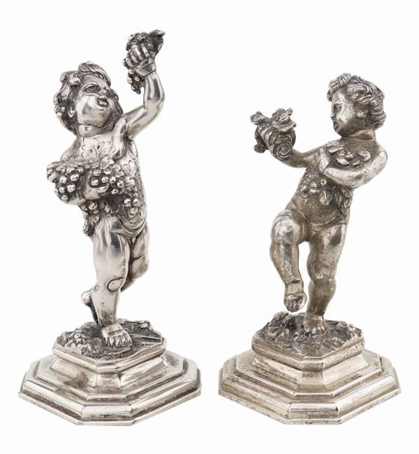 Coppia di sculture allegoriche in argento 800/1000, Milano, Anni Cinquanta, argentiere Francesco Caputo