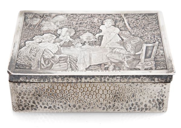 Antica scatola rettangolare rivestita in metallo argentato, Francia