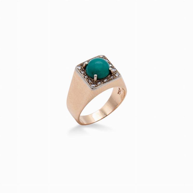 Anello in Oro, Chevalier con Turchese e Brillanti