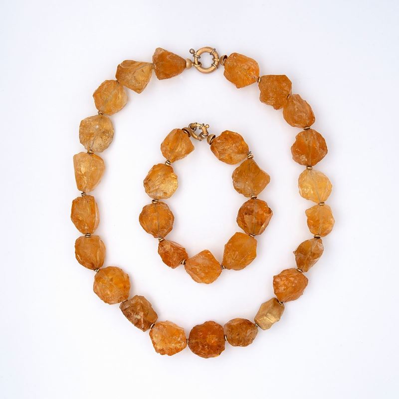 Collana con Bracciale di Quarzi Citrini Taglio Grezzo, Anni '70