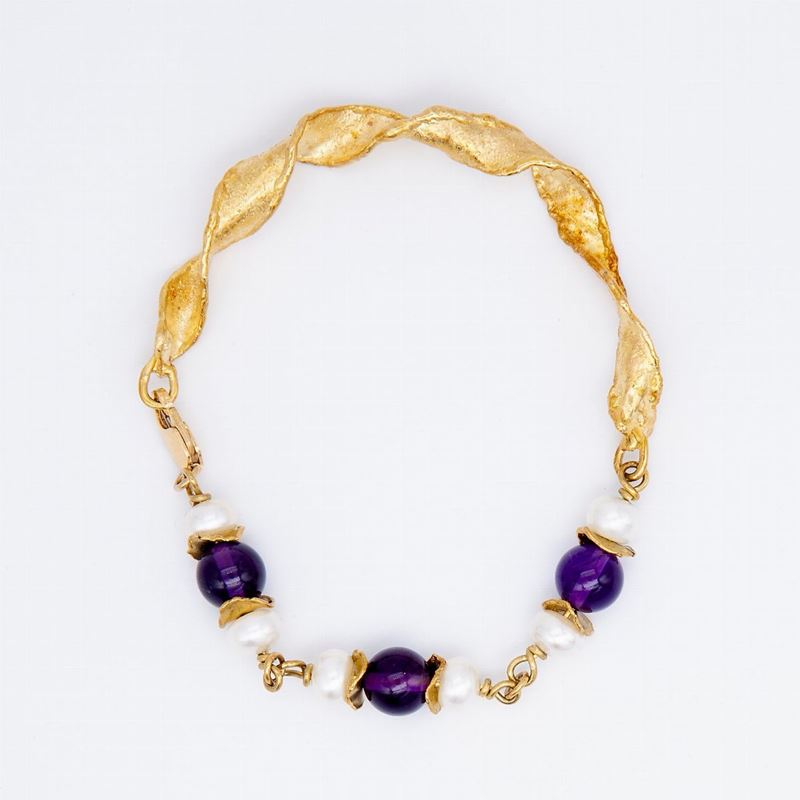 Bracciale Semirigido con Perle Freshwater e Ametiste a Sfera