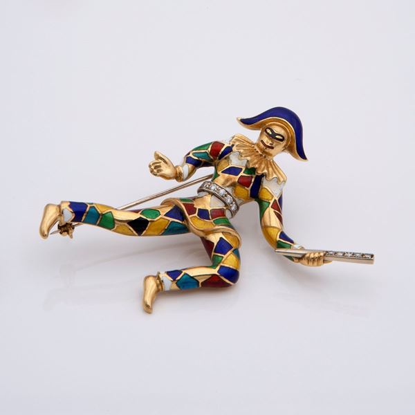 Spilla arlecchino con smalti e brillanti