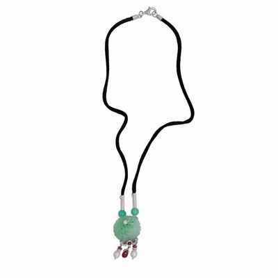 Collana Pendente in Oro, Giada, Perle, Rubini e Brillanti