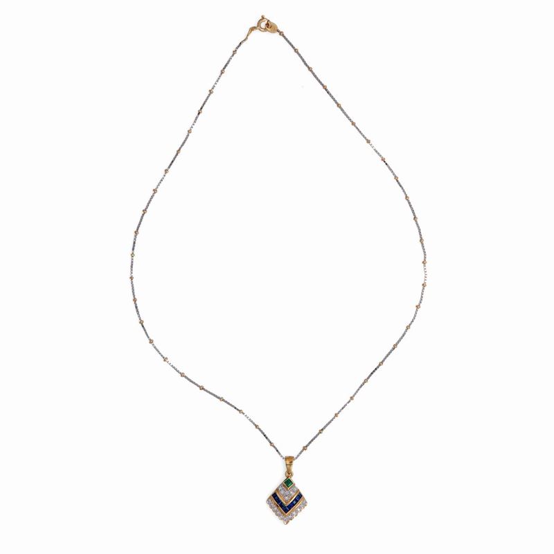 Collana in Oro, Smeraldo Zaffiri Carré e Brillanti