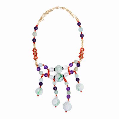Collana a Pettorale in Oro Giallo, Corallo, Ametista, Giada e Cristallo di Rocca