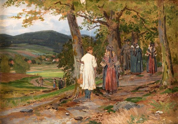 Scuola tedesca del XIX secolo - Paesaggio fiorentino con personaggi
