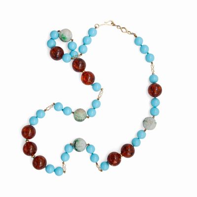 Lunga Collana in Oro Giallo con Turchese, Ambra e Giada