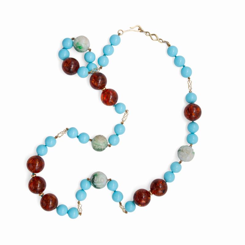 Lunga Collana in Oro Giallo con Turchese, Ambra e Giada