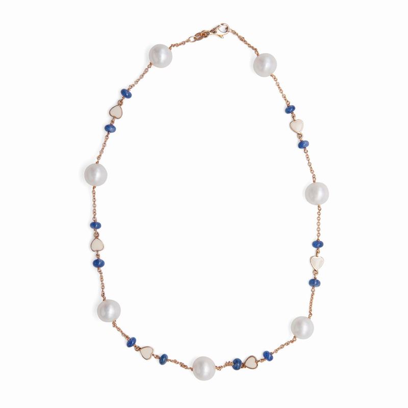 Collana in Oro con Perle, Zaffiri e Smalti
