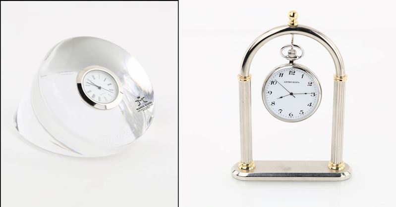 Fermacarte in Cristallo con Orologio, Mario Cioni per Fanuele, ed Orologio da Taschino con Porta ...