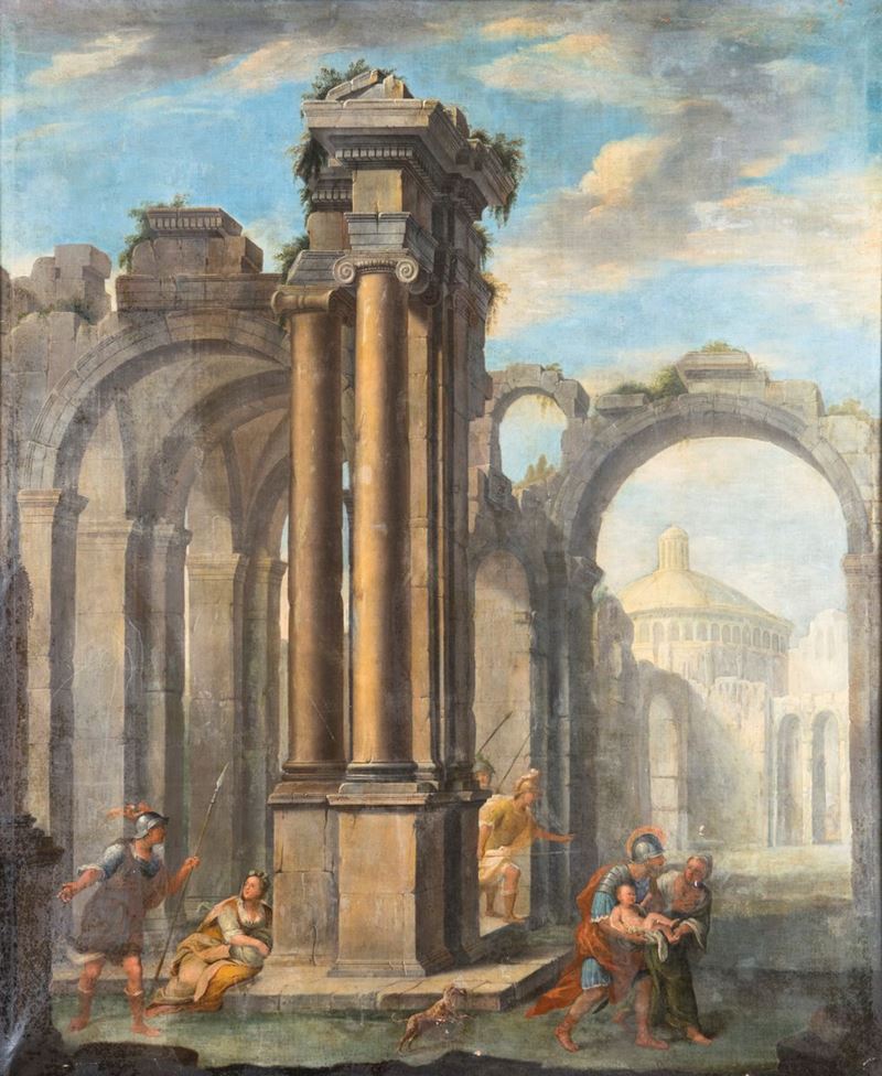 Scuola Lombarda del XVII Secolo - Capriccio Architettonico con Figure