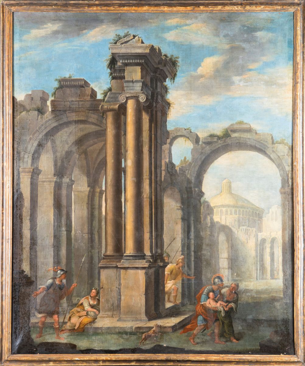 Scuola Lombarda del XVII Secolo - Capriccio Architettonico con Figure