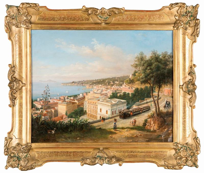 Jean Grossgasteiger - Veduta di Napoli con Treno a Vapore e L'isola di Capri in Lontananza