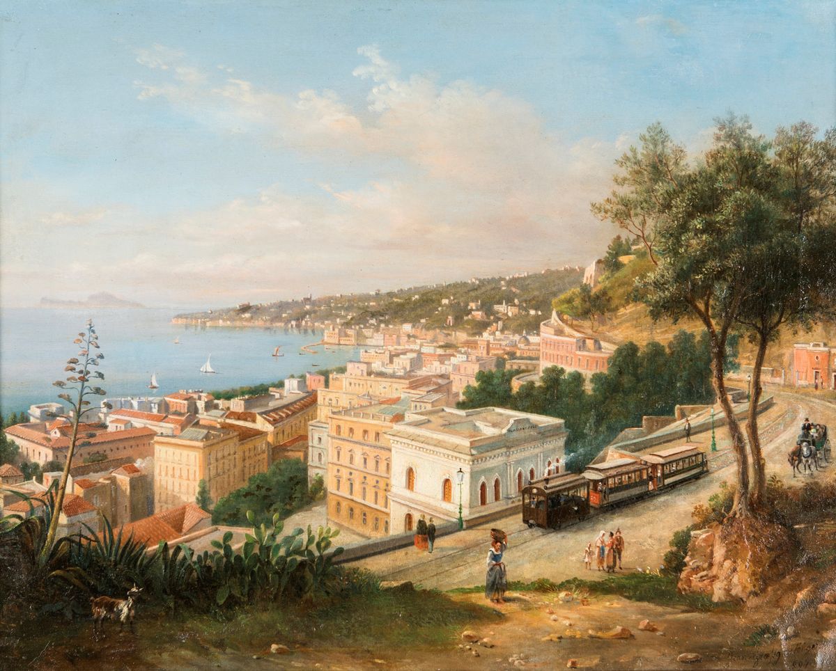 Jean Grossgasteiger - Veduta di Napoli con Treno a Vapore e L'isola di Capri in Lontananza