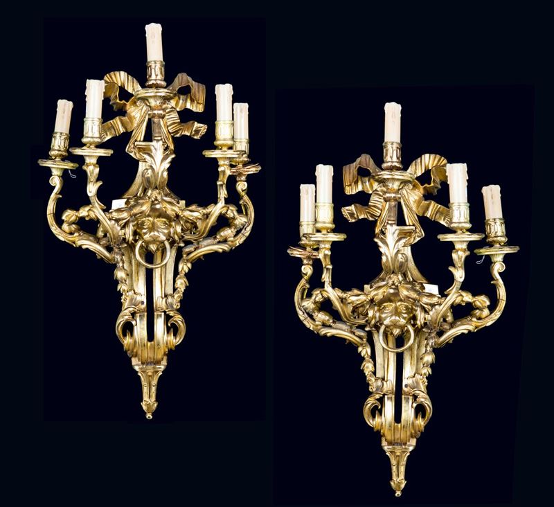 Coppia di Appliques in Bronzo Dorato, XIX Secolo