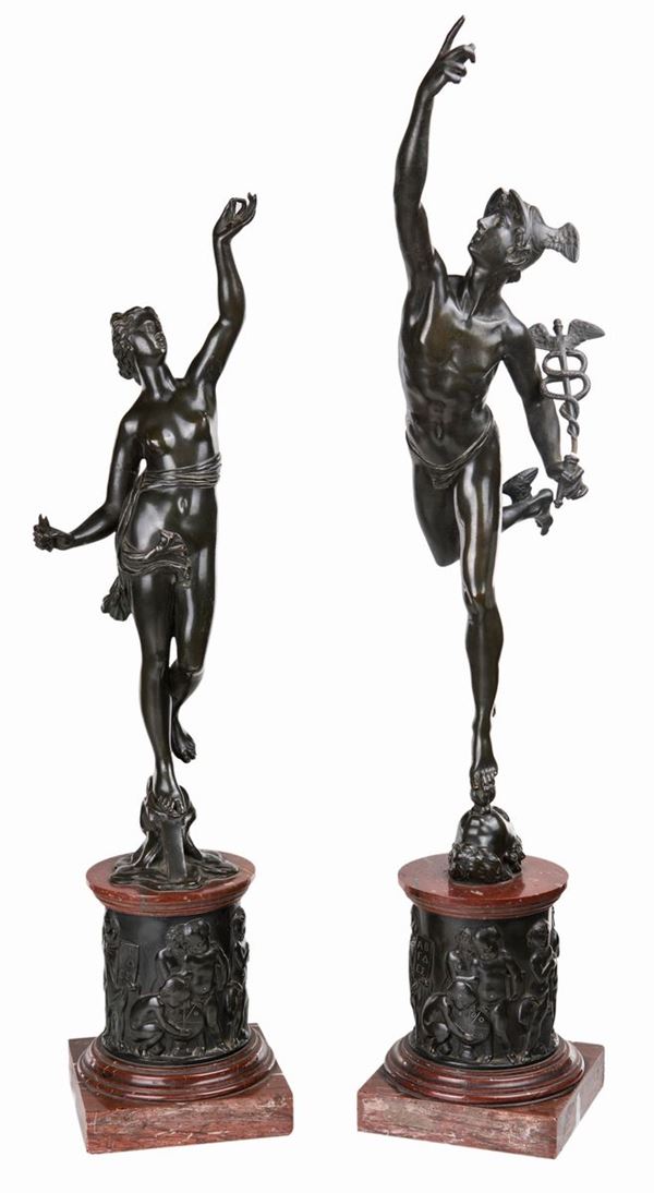 Coppia di sculture in bronzo brunito, prima met&#224; del XIX secolo