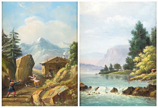 Scuola francese del XIX secolo - a) Ritorno del soldato dal fronte  b) Paesaggio con pescatore