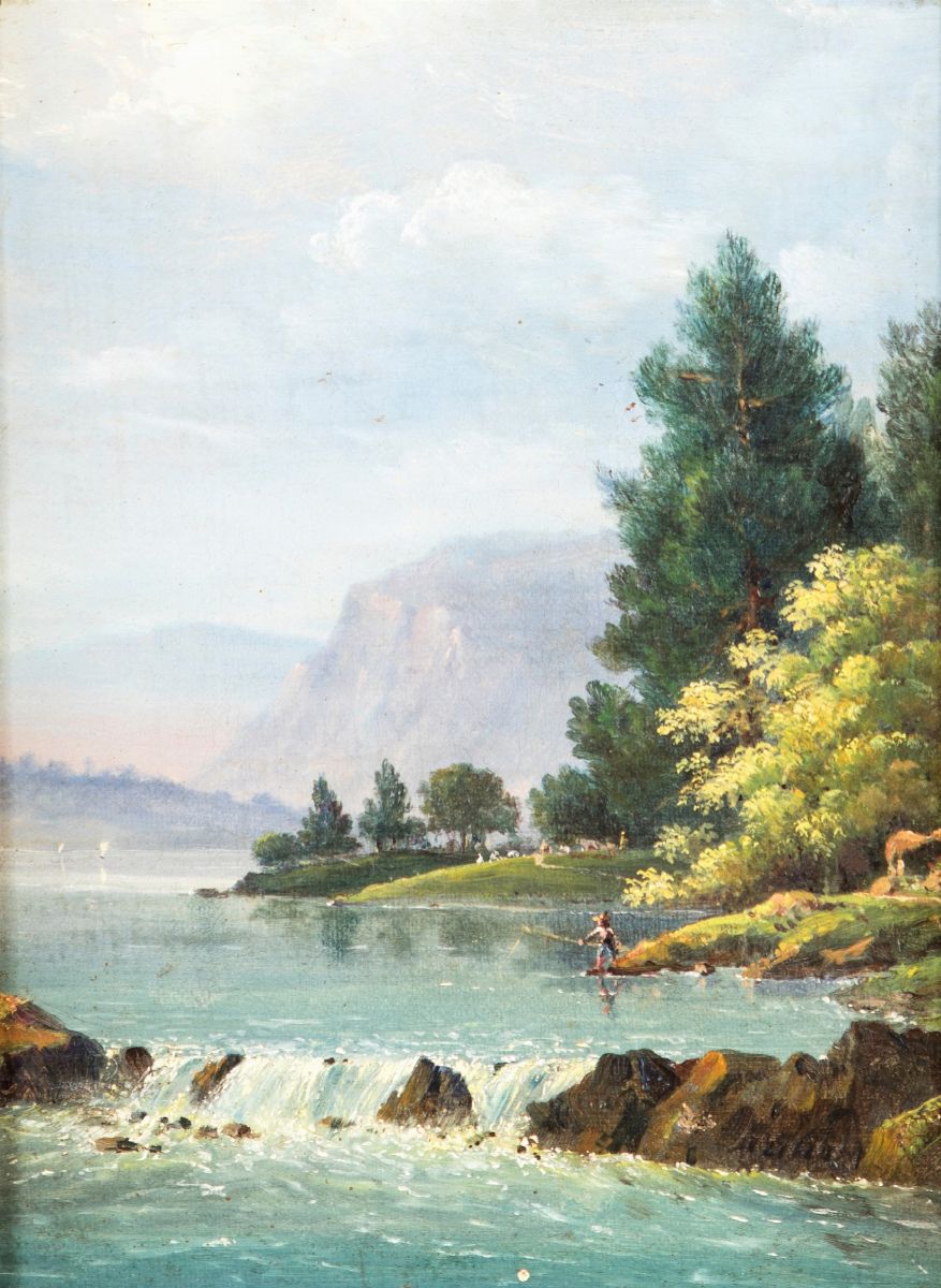 Scuola Francese del XIX Secolo - A) Ritorno del Soldato dal Fronte B) Paesaggio con Pescatore