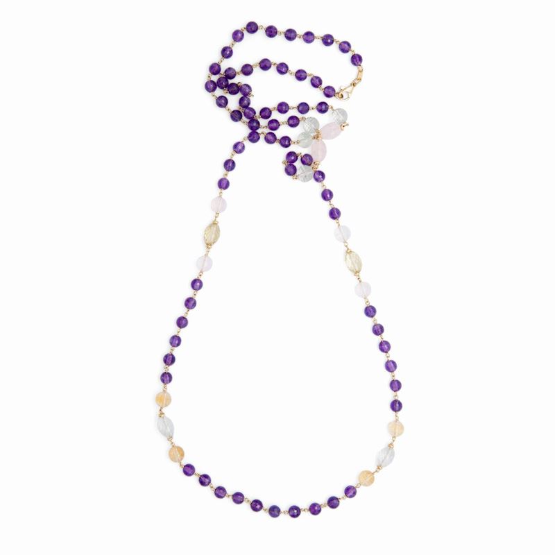 Collana a Laccio in Oro,ametiste Quarzi Rosa e Gialli