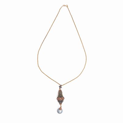 Pendente con Catena in Oro e Argento con Perla Grigia e Diamante