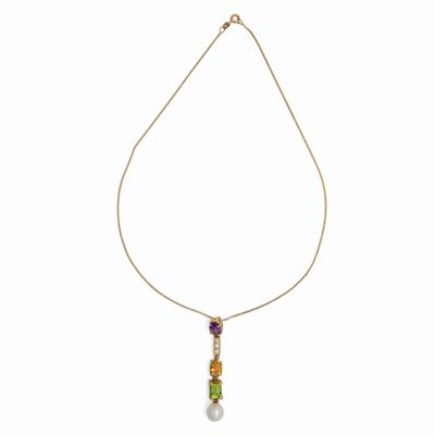 Collana con Pendente in Oro, Perla , Topazio, Ametista, Peridoto e Brillanti