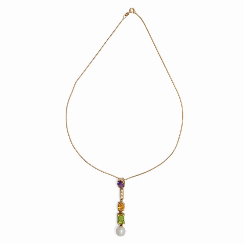 Collana con Pendente in Oro, Perla , Topazio, Ametista, Peridoto e Brillanti