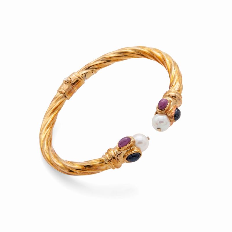 Bracciale Semirigido con Perla, Zaffiri e Rubini