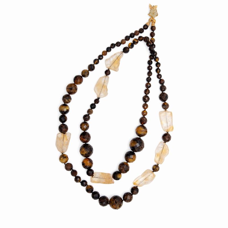 Collana in Quarzo Rutilato e Occhio di Tigre Chiusura in Oro