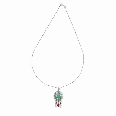 Collana in Oro con Pendente in Giada, Perle, Brillanti e Rubini