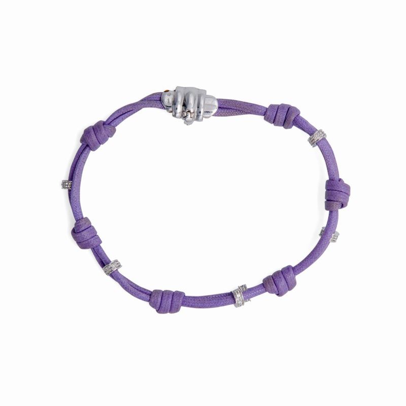 Bracciale in Oro Bianco e Brillanti con Laccio in Cuoio.