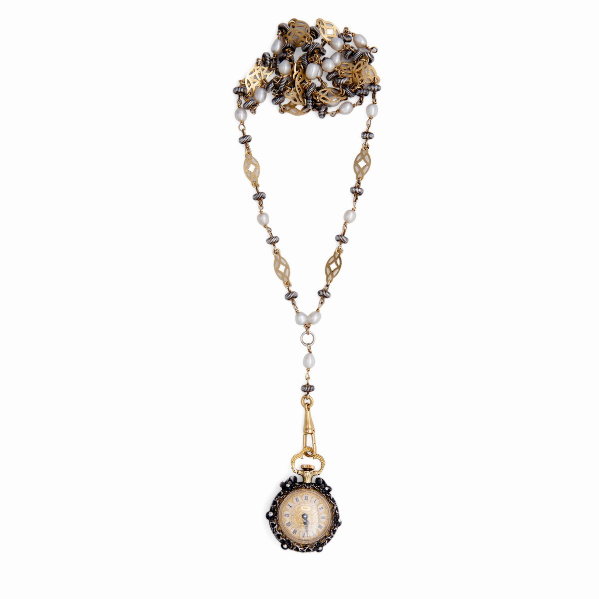 Collana in Oro e Argento con Orologio Pendente, Diamanti e Rubini.