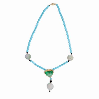 Collana in Oro, Turchese, Giada, Calcedonio e Brillanti