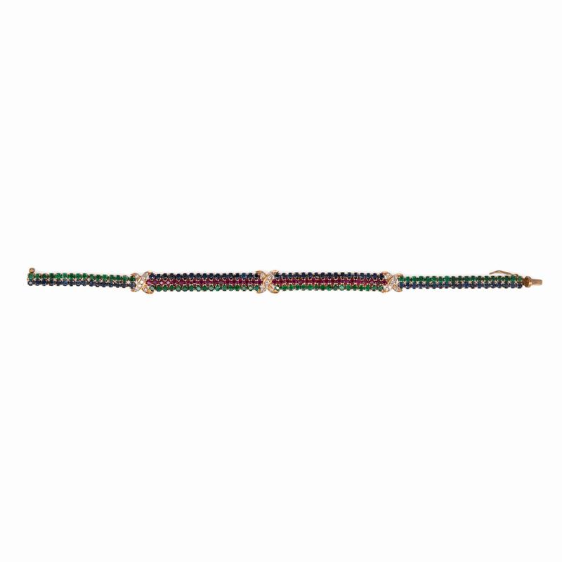 Bracciale in Oro Giallo con Zaffiri, Smeraldi, Rubini e Brillanti