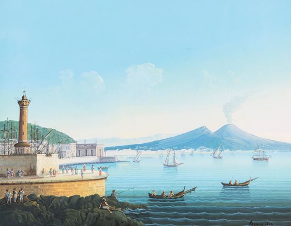 Pittore del XIX/XX secolo - Napoli, veduta del faro e del Vesuvio