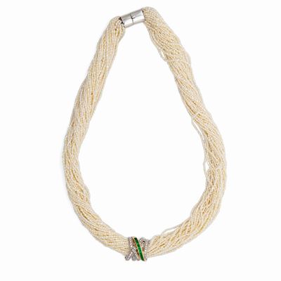 Alfieri St. John, Collana in Microperle, Oro ,brillanti e Smeraldi
