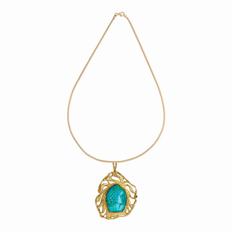 Pendente Spilla in Oro con Cammeo Turchese Centrale con Catena Maglia Tubogas
