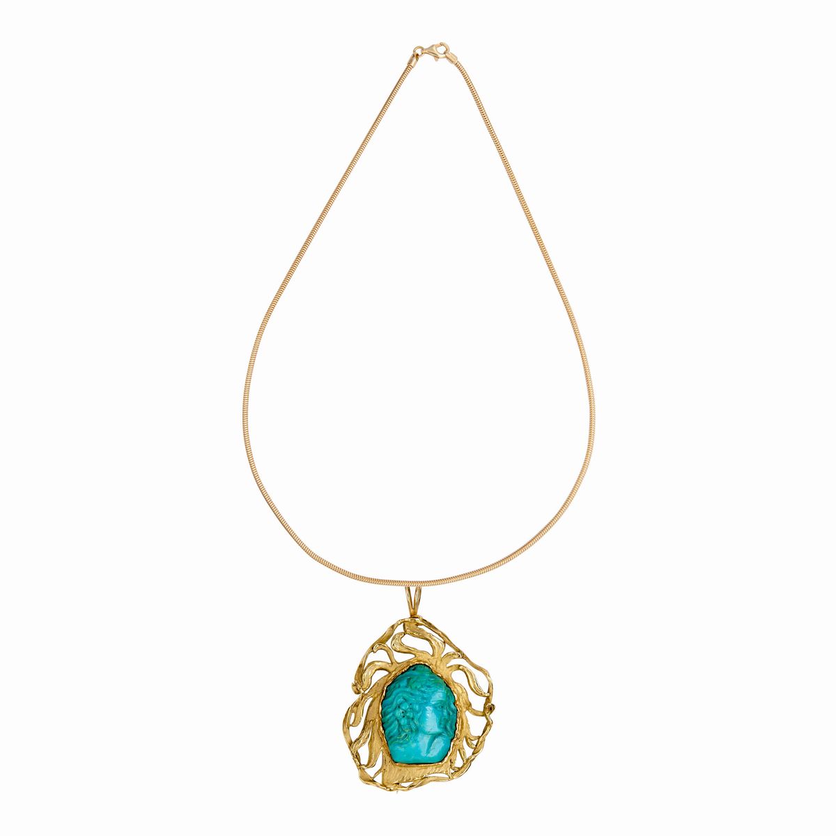 Pendente Spilla in Oro con Cammeo Turchese Centrale con Catena Maglia Tubogas