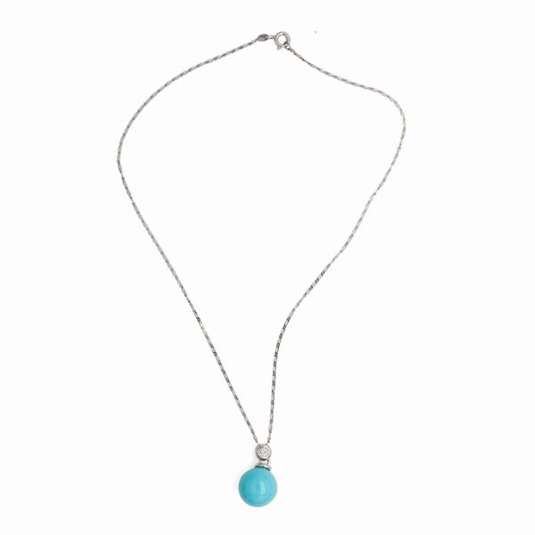 Collana con pendente in oro, brillante e sfera di  turchese