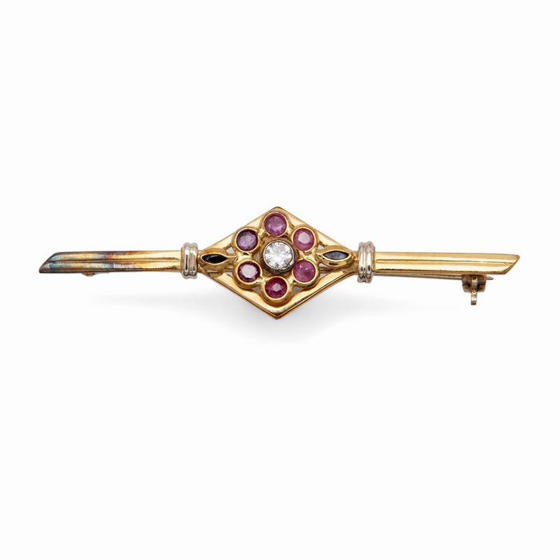 Spilla in Oro ,zircone ,rubini e Zaffiri