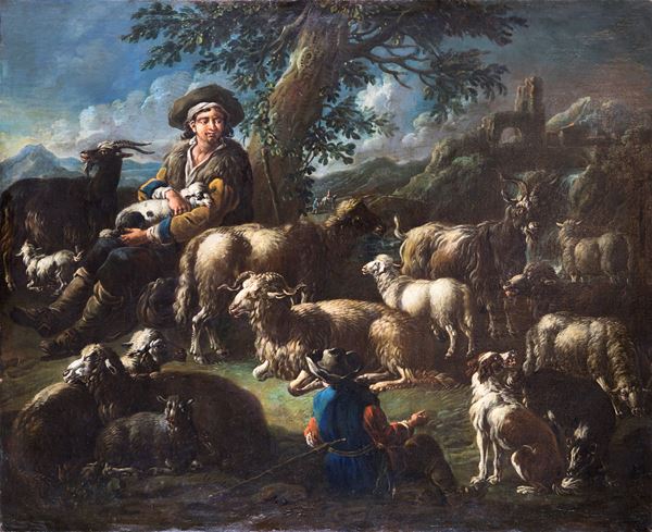 Domenico Brandi - Paesaggio con giovani pastori e animali al pascolo