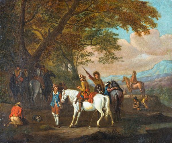 Pittore fiammingo del XVIII secolo - Sosta di cavalieri